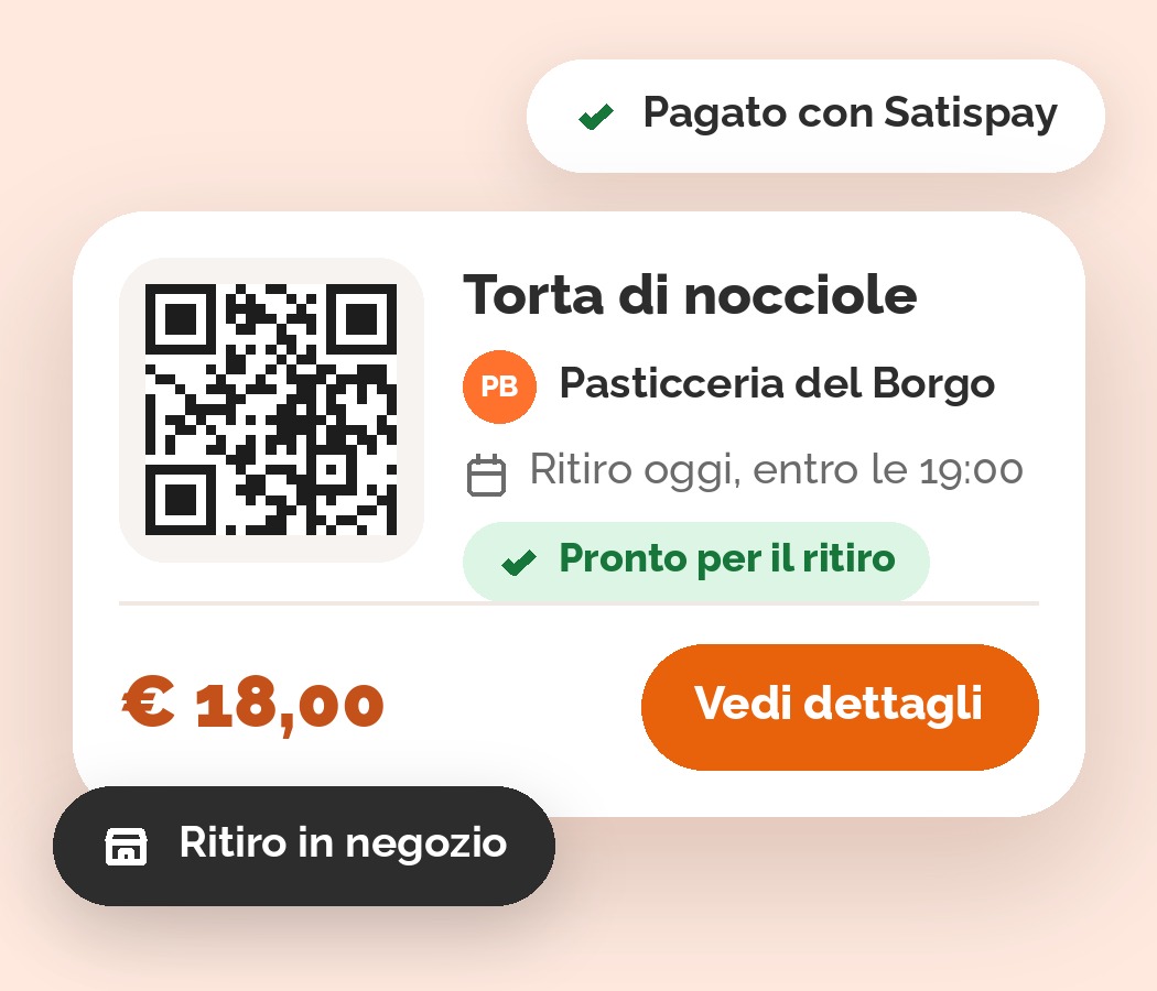 Ordine pagato con Satispay e pronto per il ritiro in negozio, con QR code