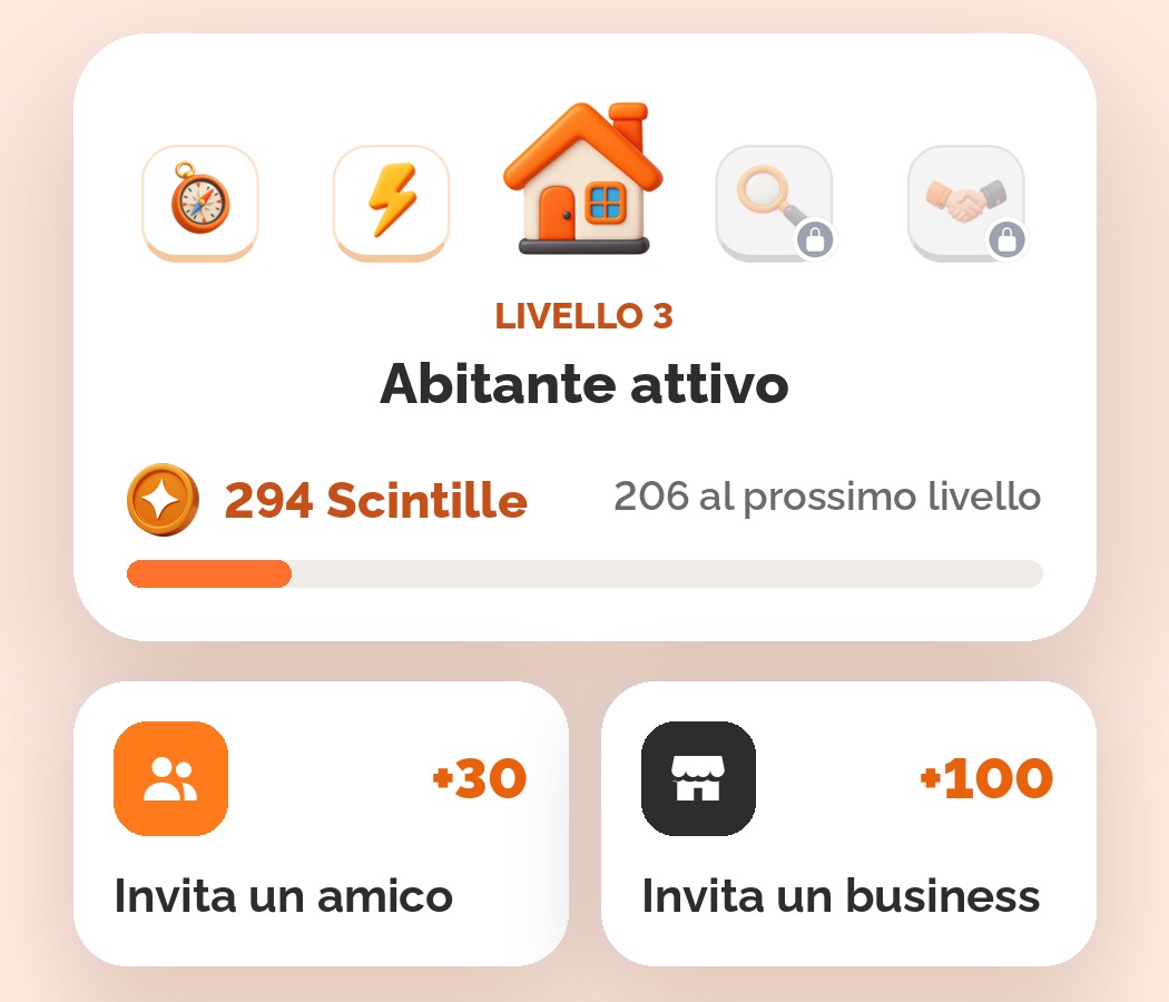 Saldo Scintille, livello raggiunto e bonus per chi invita un amico o un business